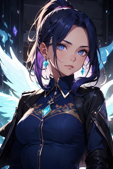 (Beautiful), 1 Girl, solo, beautiful, long navy blue hair, ponytail, lavender eyes, high neck shirt, collared full sleeves jacket, amethyst crystal locket, cold gaze, mysterious, blue phoenix in background, soft blue flames, blue flowers, (High quality), (...