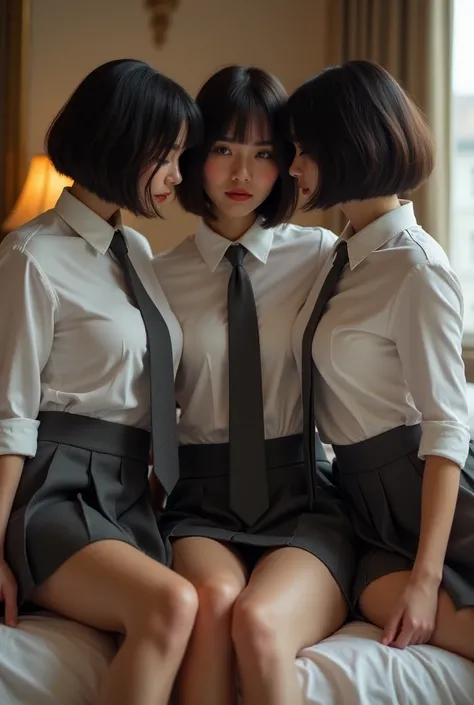 Realistic photo of five 1 women in a bed together. They all have short hair. They are all wearing “a tight white shirt”, “a dark-grey tie”, and “a dark-grey pleated miniskirt”. 