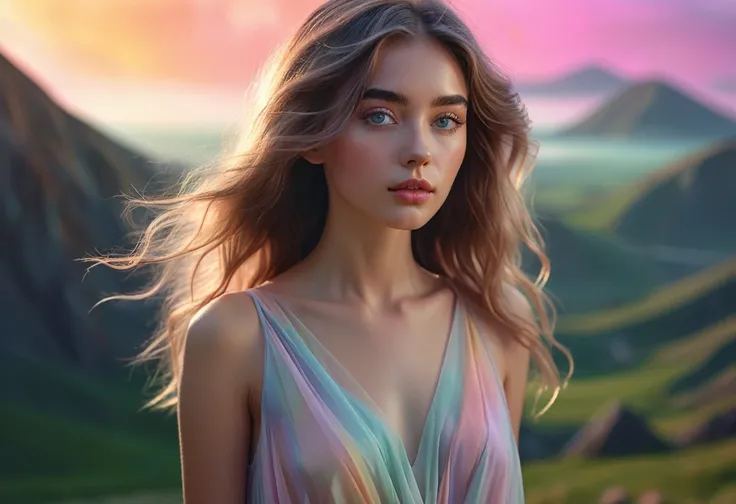 a surreal simplistic 1girl with delicate facial features, beautiful detailed eyes, beautiful detailed lips, flowing ethereal hair, wearing a wispy pastel dress, standing in an abstract geometric landscape, dramatic atmospheric lighting, vibrant colors, air...