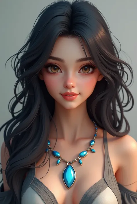 Realistic 3d gamer style girl long hair and charming with a necklace bluem