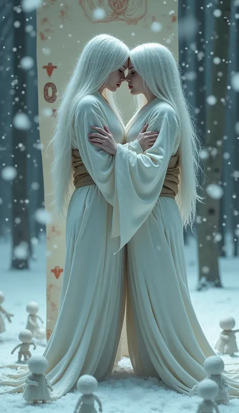 Two women in traditional Japanese clothing, embracing, are absorbed into the scorched hanging scroll., Two snow women embracing, Wearing kimono, A multitude of tiny goblins and demons are swarming., Tiny demons and goblins roam around., It is snowing heavi...