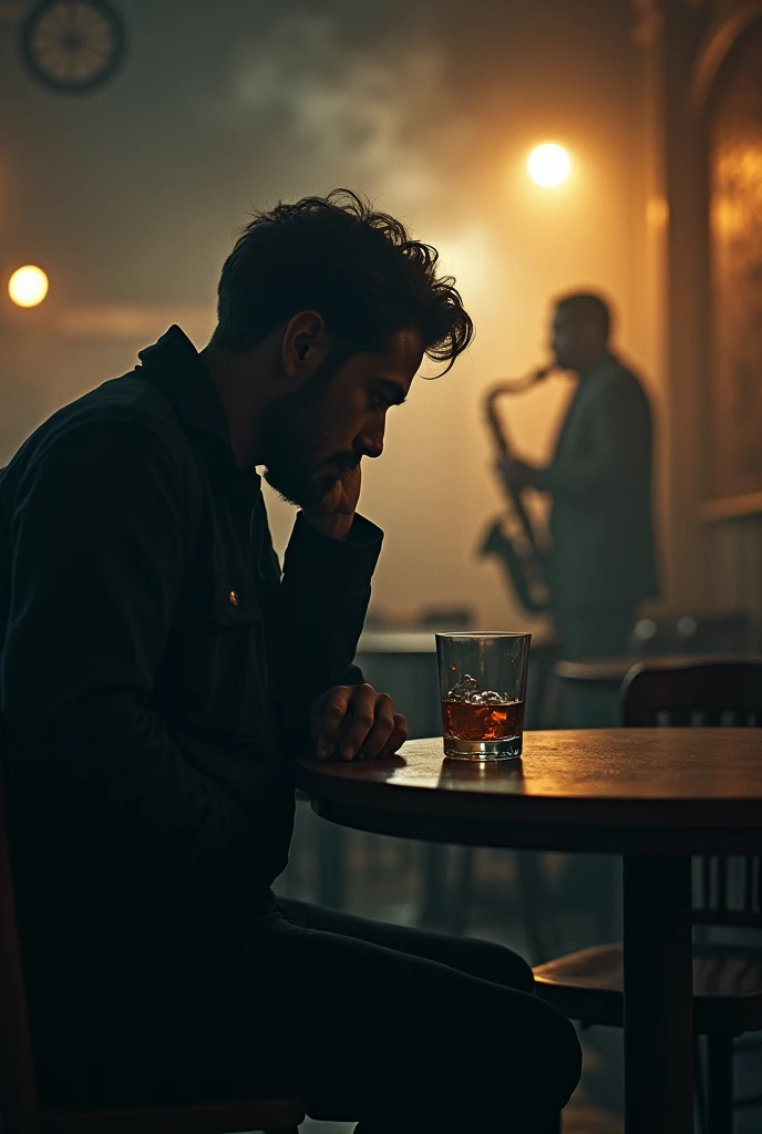 A man leans over a glass 
In the smoke of a cafe 
I sit alone, 
a glass of whiskey in front 
in the background 
A saxophonist