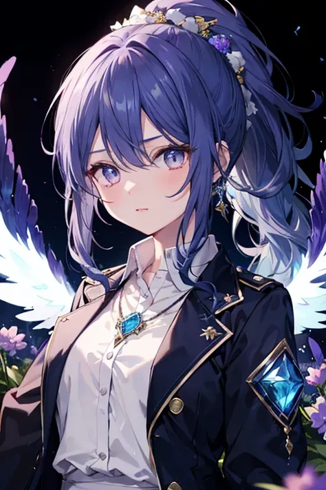 (Beautiful), 1 Girl, solo, beautiful, long navy blue hair, ponytail, lavender eyes, high neck shirt, collared full sleeves jacket, amethyst crystal locket, cold gaze, mysterious, blue phoenix in background, soft blue flames, blue flowers, (High quality), (...