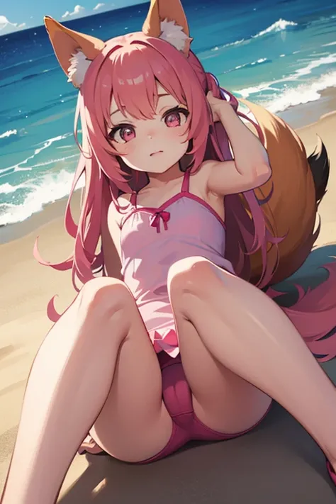 1girl, pink swimsuit, fox girl, child, laying down, High Resolution, From Below, Solo, embarressed