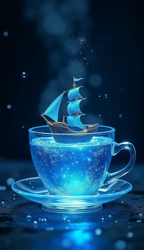 Visualise a mesmerizing scene with a transparent glass teacup, filled with vibrant blue water, set against a backdrop of deep, velvety darkness. The water inside the teacup shimmers with life, creating a dynamic, flowing glow that lights up the surrounding...