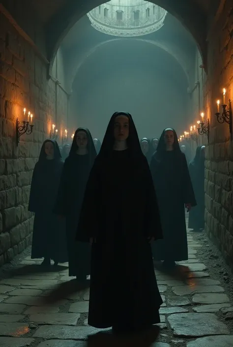 Inside a dimly lit, ancient convent, a group of devout nuns in dark habits move silently, bearing the invisible weight of unspeakable horrors hidden within."