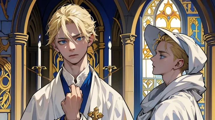 beautiful blond boy, Medieval ornate white robe, Blue eyes, eyes staring straight ahead, Natural eye depiction, perfect face, A frightened look, close up, church, pale skin, flushing, ultra high definition, Detailed description