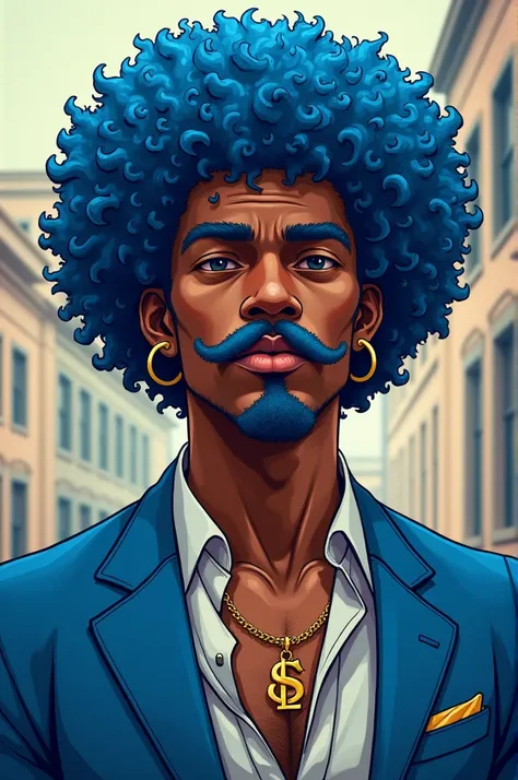 WELL DRESSED BLACK MAN WITH BIG BLUE CURLY HAIR AND BLUE MUSTACHE ARMED WITH GOLD GTA NECKLACE 