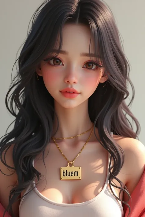 Realistic 3d gamer style girl long hair and charming with a necklace "bluem" make it bigger and readable