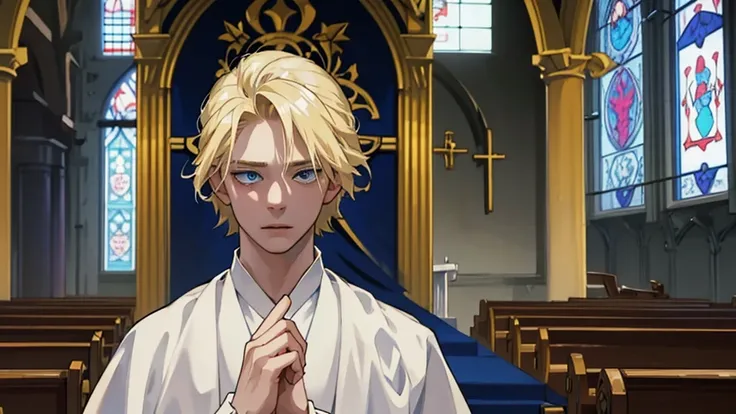 独奏, beautiful blond boy, Medieval ornate white robe, Blue eyes, eyes staring straight ahead, Natural eye depiction, perfect face, A frightened look, close up, church, pale skin, flushing, ultra high definition, Detailed description