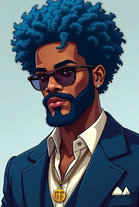 WELL DRESSED BLACK MAN WITH BIG BLUE CURLY HAIR AND BLUE MUSTACHE ARMED WITH GOLD GTA NECKLACE 