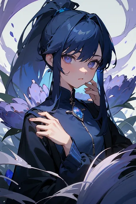 (Beautiful), 1 Girl, solo, beautiful, long navy blue hair, ponytail, lavender eyes, high neck shirt, collared full sleeves jacket, amethyst crystal locket, cold gaze, mysterious, blue phoenix in background, soft blue flames, blue flowers, (High quality), (...