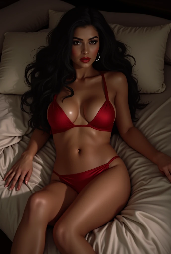 nora fatehi, lying on bed, in red bikni
