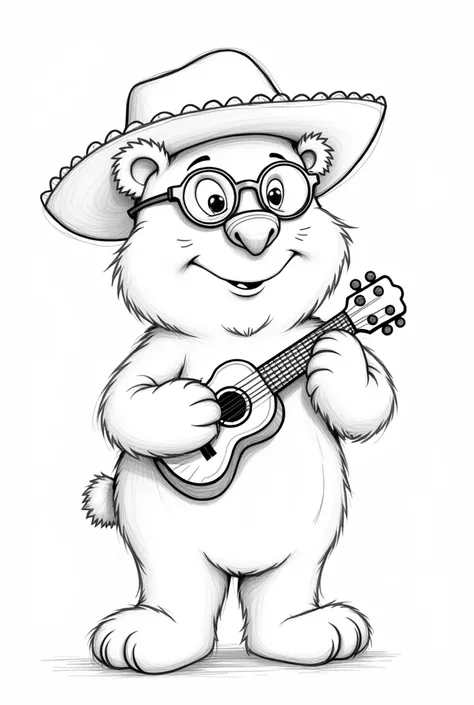 Image drawn only with lines to paint of the bear Lotso with a ukulele and glasses and a wide hat 