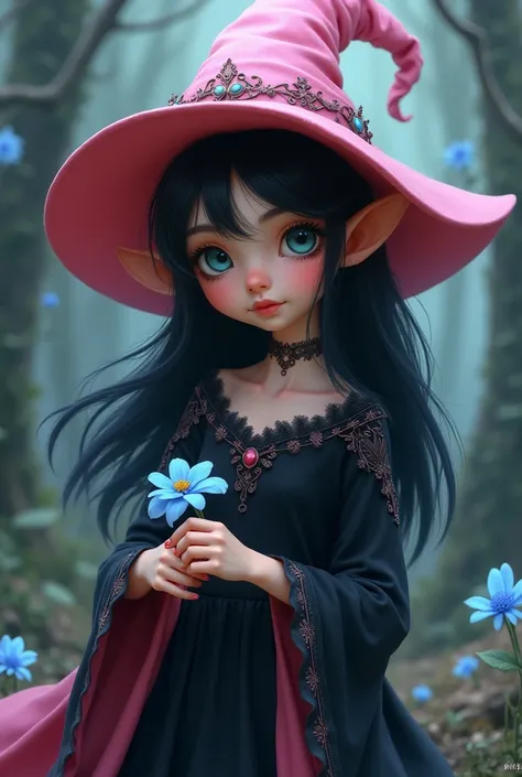 A little elf girl dressed as a witch with a pink hat and black drees black hair and blue flowers on hand