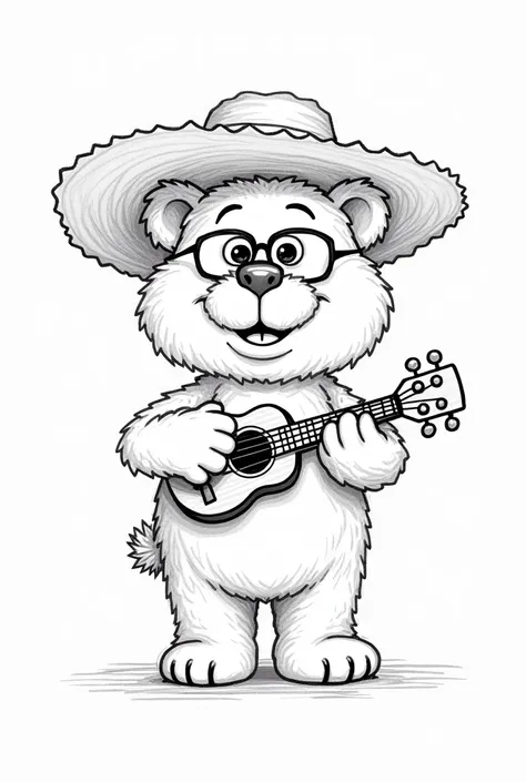 Image drawn only with lines to paint of the bear Lotso with a ukulele and glasses and a wide hat 