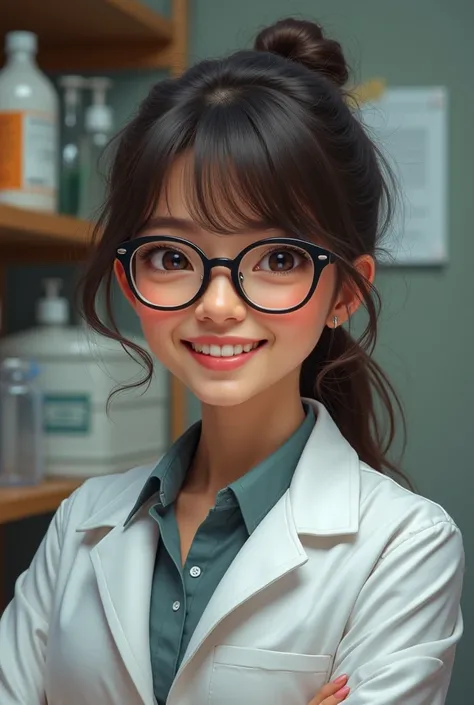 A pharmaceutical chemistry teacher, thin, short, smile face with glasses, little bangs