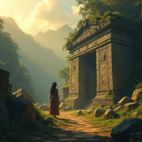 a beautiful Inca Girl in a beautiful misty jungle dawn breaks over the ancient ruins of Pumapunku, Door of the Puma. In the foreground, massive stone blocks, some weighing as much as 50 tons, lie scattered like giants toys. The sun casts a warm glow on the...