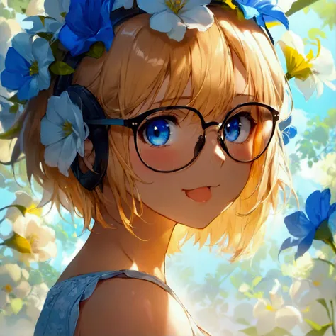 1 girl, High resolution, blond hair, short hair, big breasts, blue eyes, shy, drooling, one eye closed, highly strung, Dutch plane, protective glasses, Hairpods, flower on the head, chiaroscuro, cheered up, 