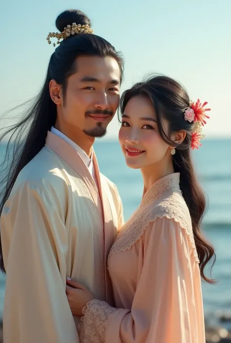 Handsome chinese man in his traditional attire, with his beautiful wife, smiling, sea, Long Hair, Depth Of Field, looking at viewer 