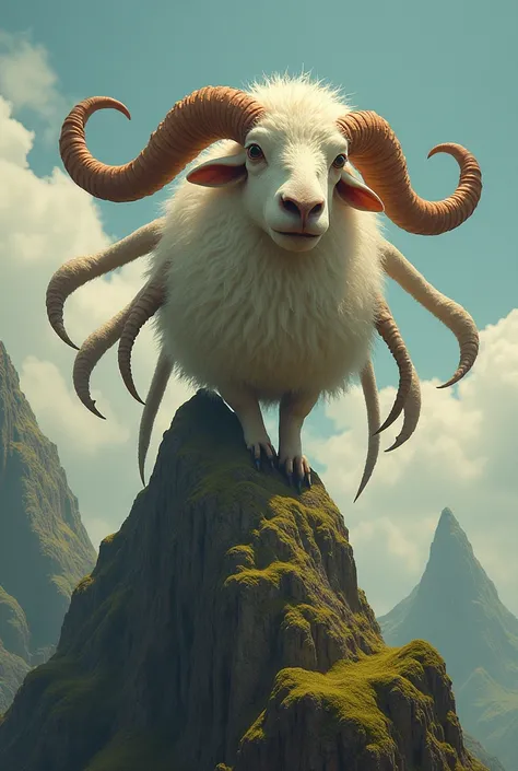 Surreal illustration，Depicts a monster with intricate details，A mysterious creature，Perched on the base mountain，It looks like a sheep，Long horns，(((9 big tails，4 ears，Its eyes are on its back.)))。Body covered with soft and dense hair，It gives a warm and h...