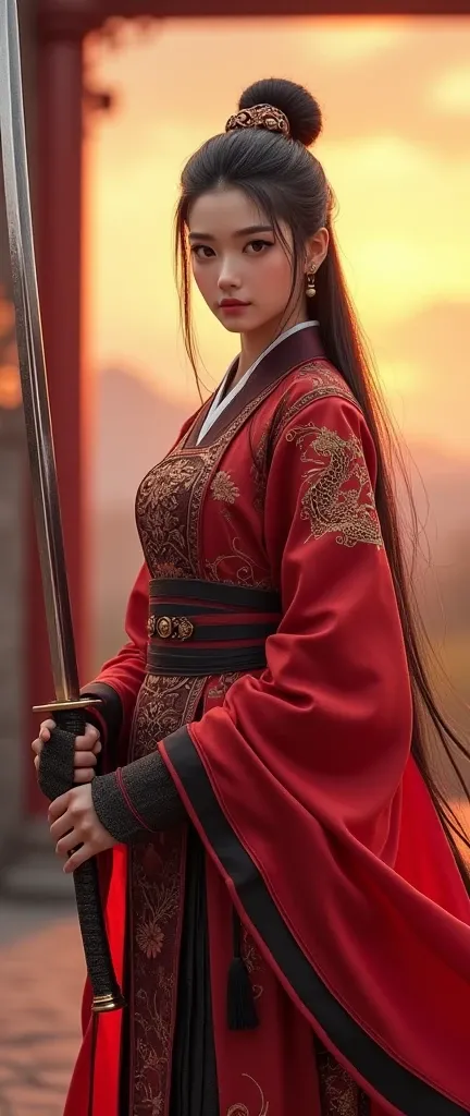 ((Hold the  ancient Chinese Sword with both hands,  Ready  for battle:1.3)) , standing in Chinese Palace, sunset, Front view, Full-body,   ancient Chinese girl, 2 century, looking at viewer, beautiful Chinese  Young General,  girl is 2, (Highly detailed fa...