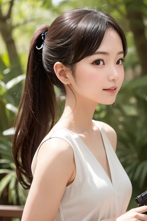 Realistic, photoRealistic, detailed, beautiful, RAW Photos, Film Grain, (Natural light :1.2), View your viewers, Portraiture, Depth of written boundary, Japanese women, 2, smile, Low Ponytail, Swaying in the refreshing morning breeze, Outdoor cafe in the f...