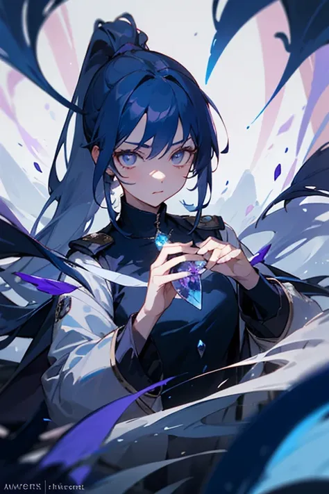 (Beautiful), 1 Girl, solo, beautiful, long navy blue hair, ponytail, lavender eyes, high neck shirt, collared full sleeves jacket, amethyst crystal locket, cold gaze, mysterious, blue phoenix in background, soft blue flames, blue flowers, (High quality), (...