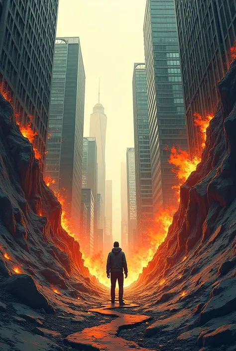 Drawn in manhua style, city, ground cracking, fire rising high, man putting his hand on the ground, high-rise buildings falling, fire appearing from the cracks