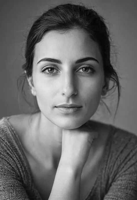 A beautiful 25 years young Italian woman with a small nose, full face, head on arm, calm, relaxed, Aufnahme auf Augenhöhe,  Nahaufnahme, photonegativ, black and white, empty background,