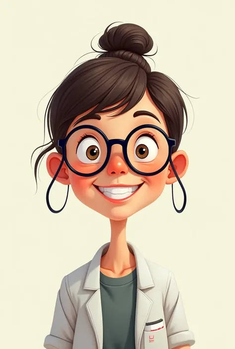 A cartoonist of A pharmaceutical chemistry teacher, thin, short, smile face with glasses, little bangs, about 40 years old