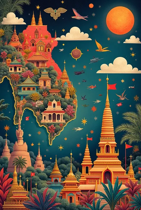 all of the southeast asian countries in one art with the elements and principles of art included in it. Make the artstyle folk or tribute artstyles. no human face included. make it very easy pls
