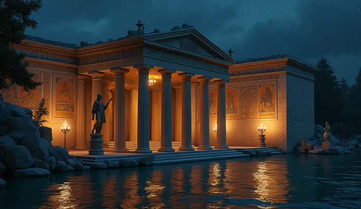 A realistic photo. A half-flooded Greek temple complex in the Doric style.
The temple is lit by some torches.
Night, sparkling stars. The light from stars and torches plays in the water and reflects the wave movements onto the walls.
There should be eviden...