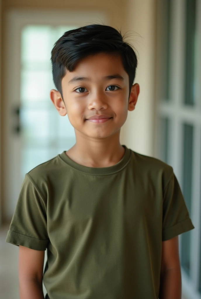 a formal  10 years pakistani smart boy wearing olive t shirt. His black hair, no sunglass, standing in a room of a building. 