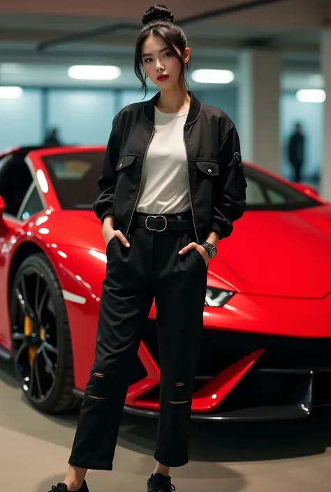 Inside the open basement room A beautiful Korean woman,smooth white skin, well-groomed face,styel keren, standing pose korean style,looking at the camera,  next to the red Lamborghini Sian Roadster, black hair in a Korean style bun,, black bomber jacket ,,...