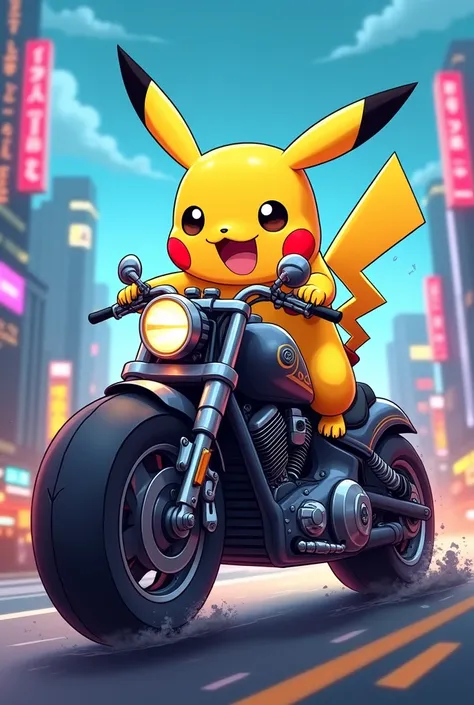 Pikachu cartoon with monster bike 
