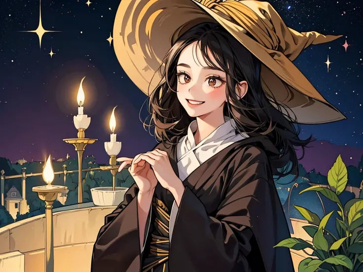 1 girl, black hair girl, witch hat, Cute face, big brown eyes, Starry eyes, close up, perfect face, Luxurious Witch Robe, A thin waist, A gentle smile, perfect hands, shiny skin, Illustration background, Herb greenhouse, Warm atmosphere, Cheerful storytell...