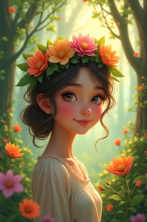 Cute girl with flowers backgrounds forest 