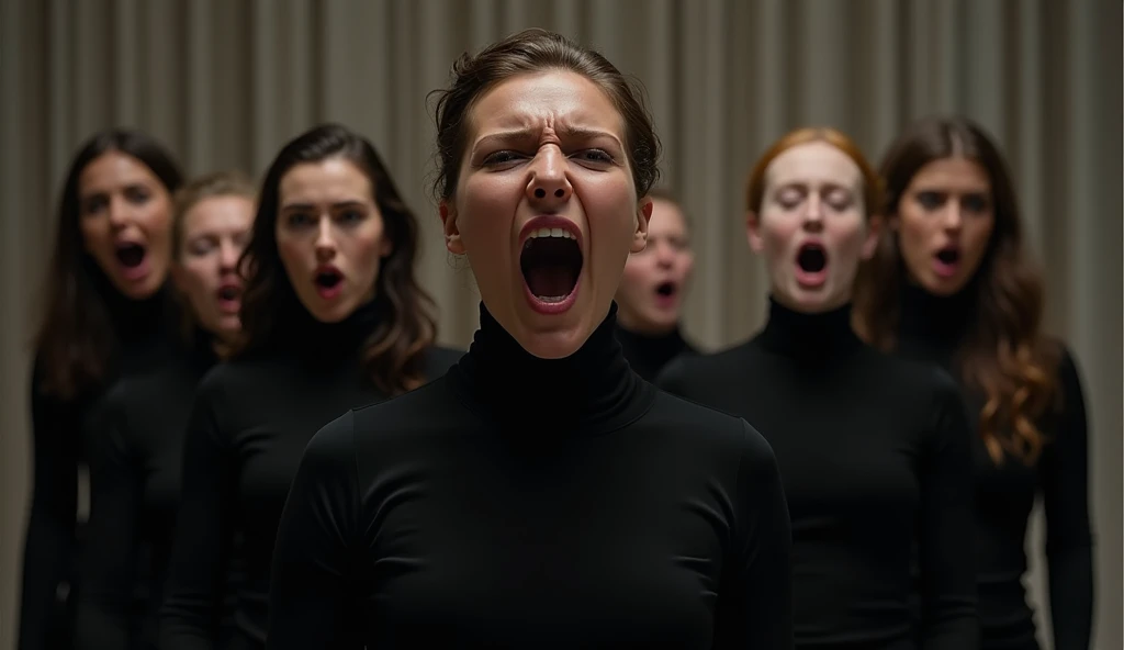 photo of a group of actors in black clothes performing an episode of the play. emotional faces, active poses, close-up, blurred background with a neutral curtain