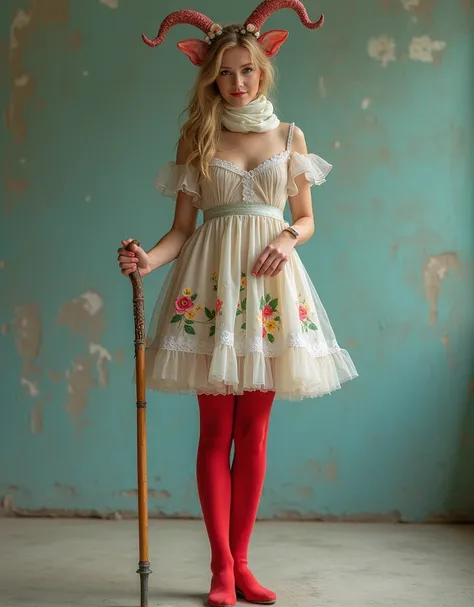 Photo of Bo Peep from the movie "Alice in Wonderland", full length, wearing red stockings and a white scarf with flowers, holding a cane with horns, posing for a photo, with beautiful features, fashion photography, Instagram post, Instagram Story, hyper-re...