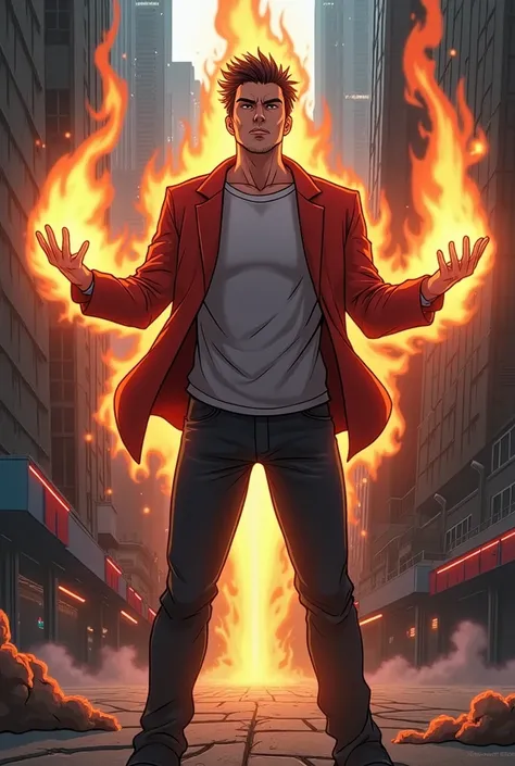 drawing manhua, looking down from above, the man puts his hands on the ground, wearing a black mens vest, the color is blazing red, the ground cracks, pillars of fire appear shooting straight into the sky, the city