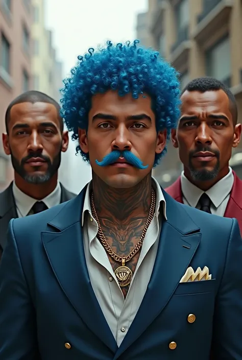 GROUP OF 5 WELL DRESSED AND GROWN MEN, THE FIRST AND BLACK HAS BIG BLUE CURLY HAIR AND A BLUE MUSTACHE HE HAS A TATTOO AND A GOLD CHAIN ARMED GTA TATTOOED