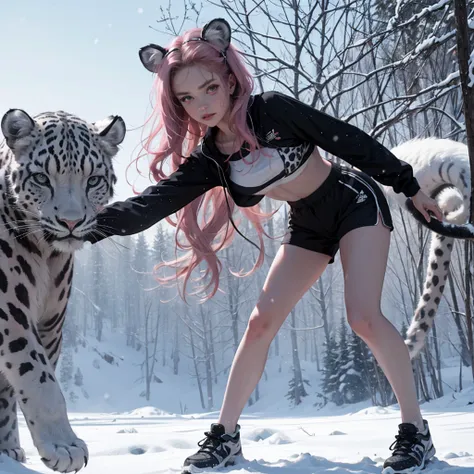 ((best quality)), long wavy pink hair, black hair ribbons, monochrome white and pink eyes, snow leopard ears, snow leopard tail,...