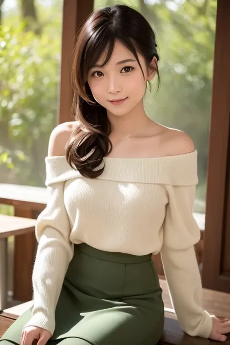 Realistic, photoRealistic, detailed, beautiful, RAW Photos, Film Grain, (Natural light :1.2), View your viewers, Portraiture, Depth of written boundary, Japanese women, 2, smile, Low Ponytail, Swaying in the refreshing morning breeze, Outdoor cafe in the f...