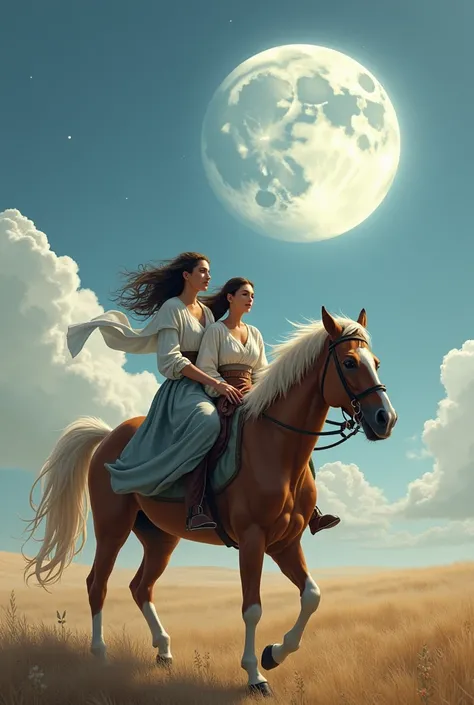 Generate a picture of the couple on the horse a riding without any fear the wind is clear and the moon is also here