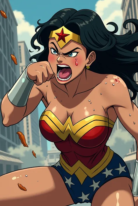 (sweaty)(muscular)A studio ghibli anime scene of a very sweaty Wonder Woman getting punched heavily in the gut and vomiting by a strong females fist. Shes double over and coughing and vomiting heavily, She spits out lot of visible saliva, water, sweat repe...