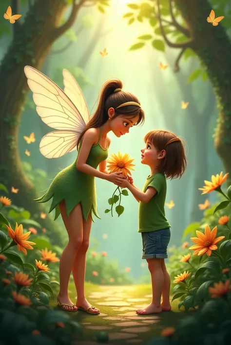 draw a fairy who is beautiful and kind and a small girl whose hair is shoulder length and open and wearing a green top and short denim bottom. they are in the jungle. and fairy is giving a big beautiful flower to the girl