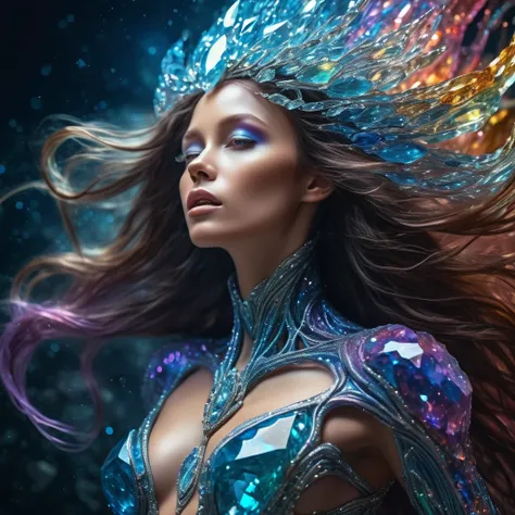 Alien girl with a body made of minerals, diamond, Topaz, (Highest quality, High resolution, Very detailed), Portraiture, Vibrant colors, Studio Lighting, Realistic, Long hair blowing in the wind, Sparkling eyes, Otherworldly beauty, Surreal atmosphere