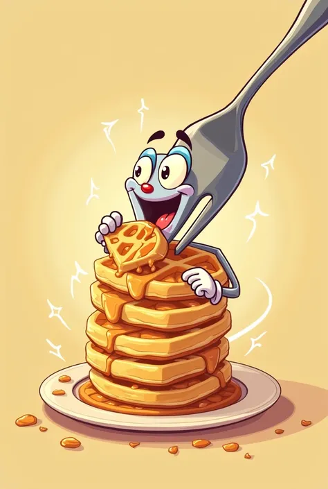 A fork as a mascot for a cartoon waffle brand, eating waffles happily 