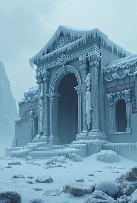 A majestic frozen ancient temple, the ruins of a once prosperous kingdom, mysterious and hidden in the Antarctic landscape, highly detailed, cinematic, dramatic lighting, intricate architecture, snow-covered, icy, gloomy, moody atmosphere, cinematic angle,...